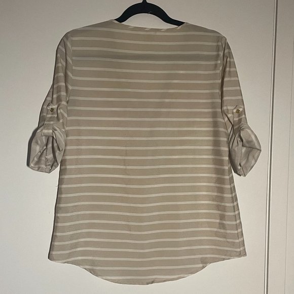 Calvin Klein | Beige & White Stripped Blouse | Zipper/Roll Sleeves/Pockets | S | - Picture 3 of 7